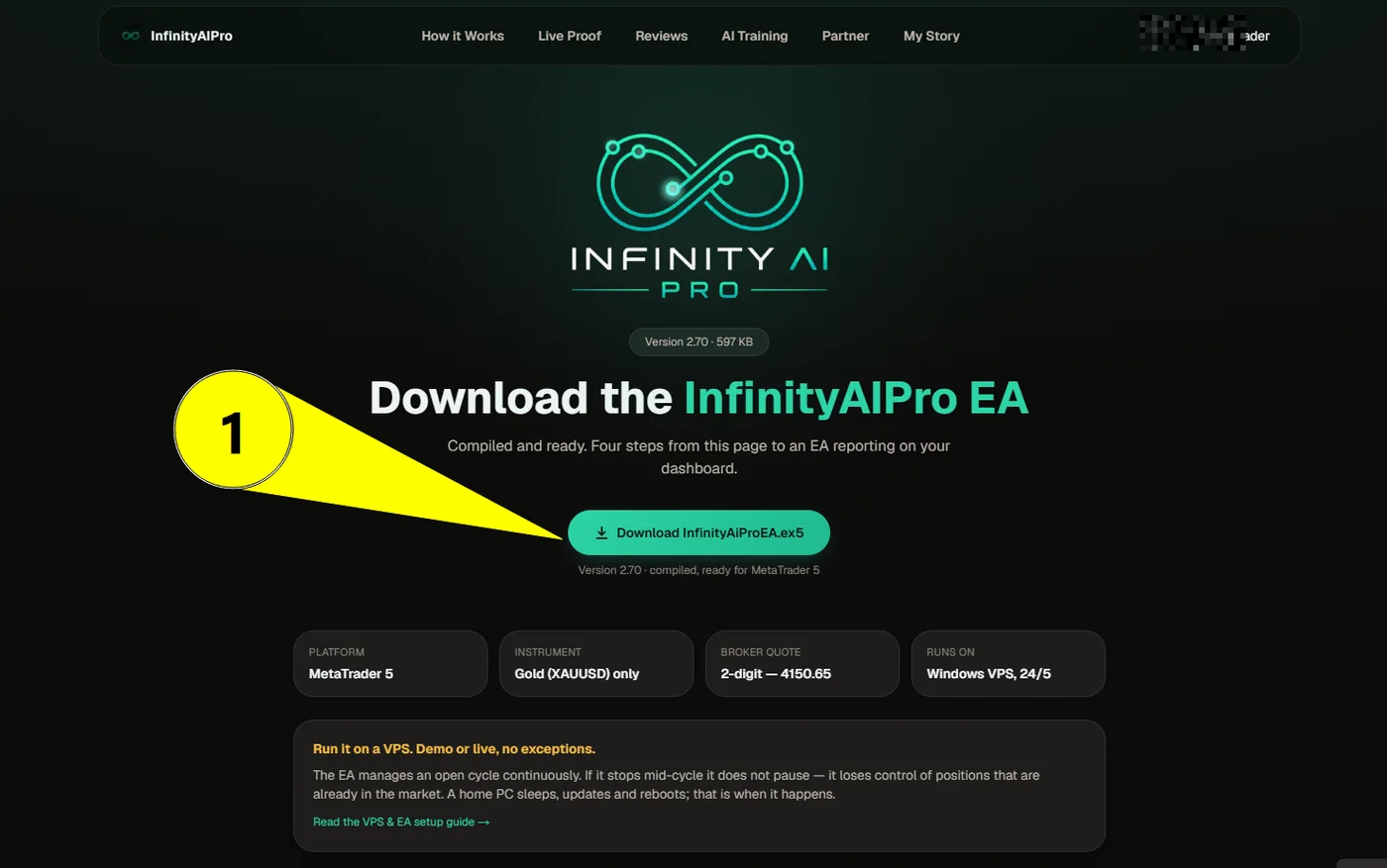 The InfinityAIPro download page with the download button marked