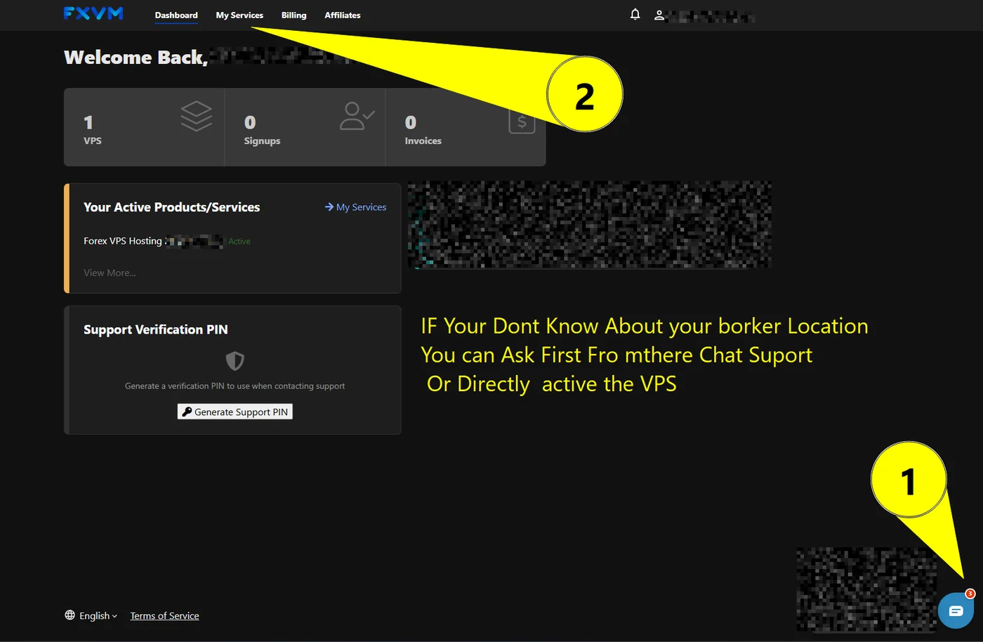 The FXVM dashboard with the support chat button and the My Services link marked