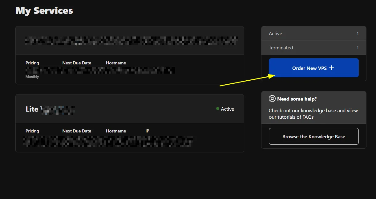 FXVM My Services page with the Order New VPS button