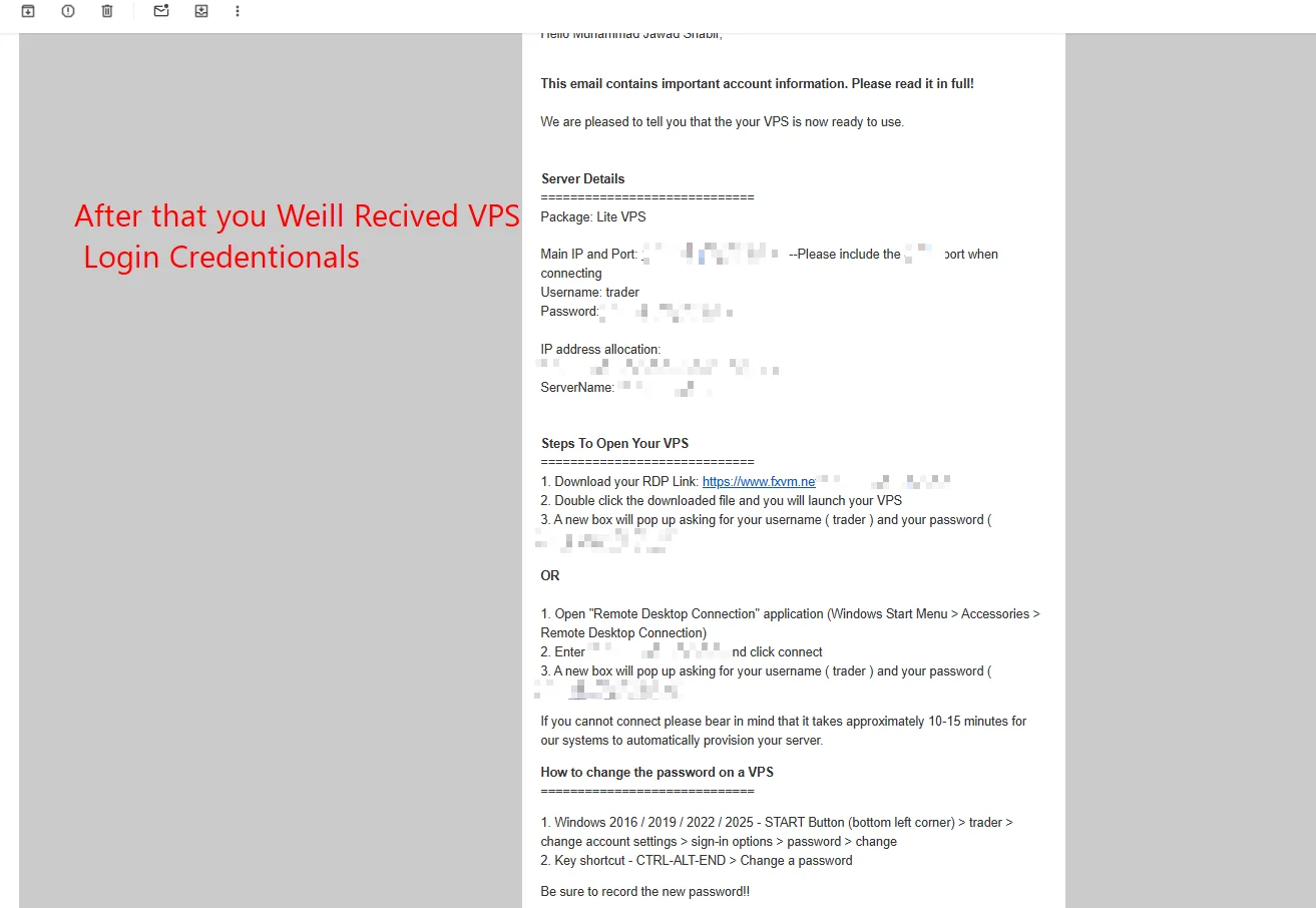 The FXVM welcome email showing server details and the steps to open the VPS