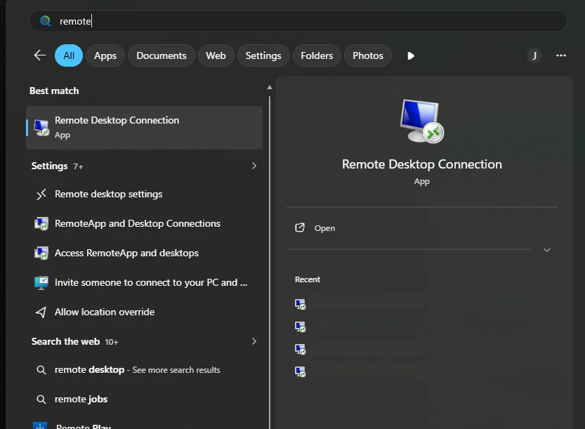 The Windows start menu search showing Remote Desktop Connection