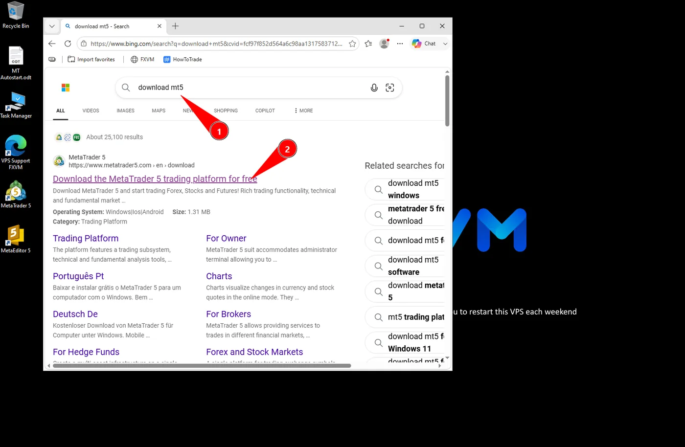 Searching for the MetaTrader 5 download on the VPS browser