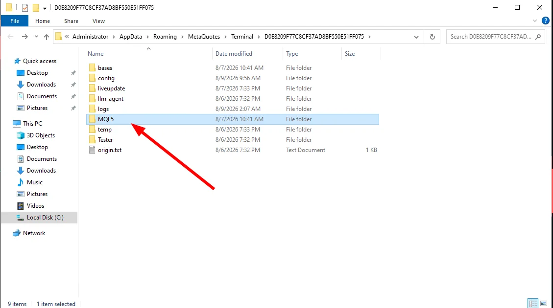The MetaTrader data folder with the MQL5 folder highlighted