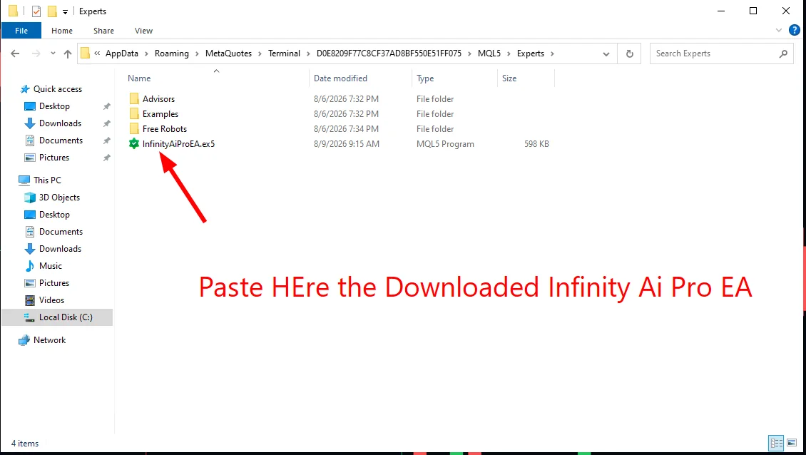 The Experts folder with InfinityAiProEA.ex5 pasted in