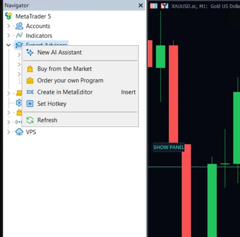 Right-clicking Expert Advisors in the Navigator and choosing Refresh