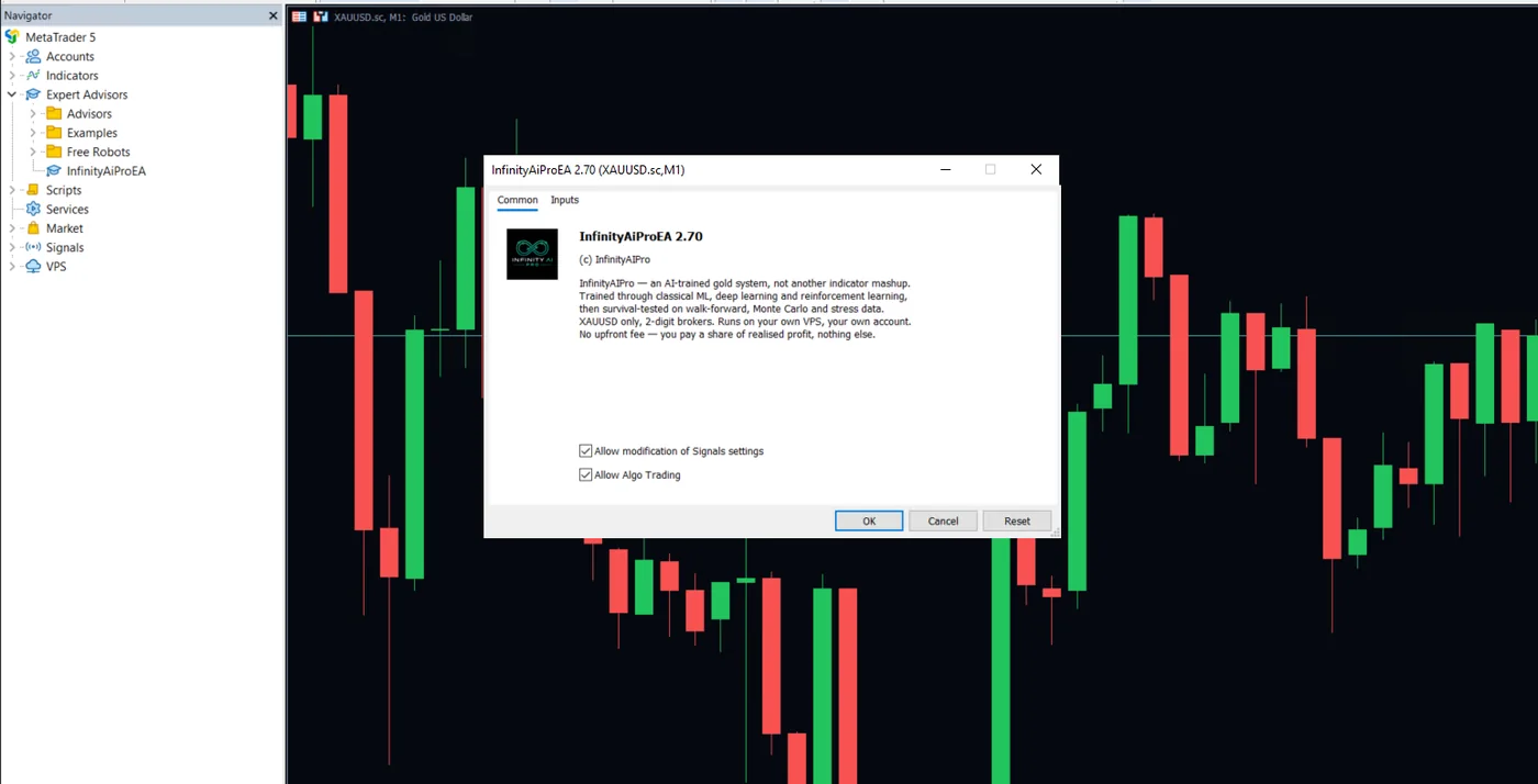 The EA properties dialog on the Common tab with Allow Algo Trading ticked