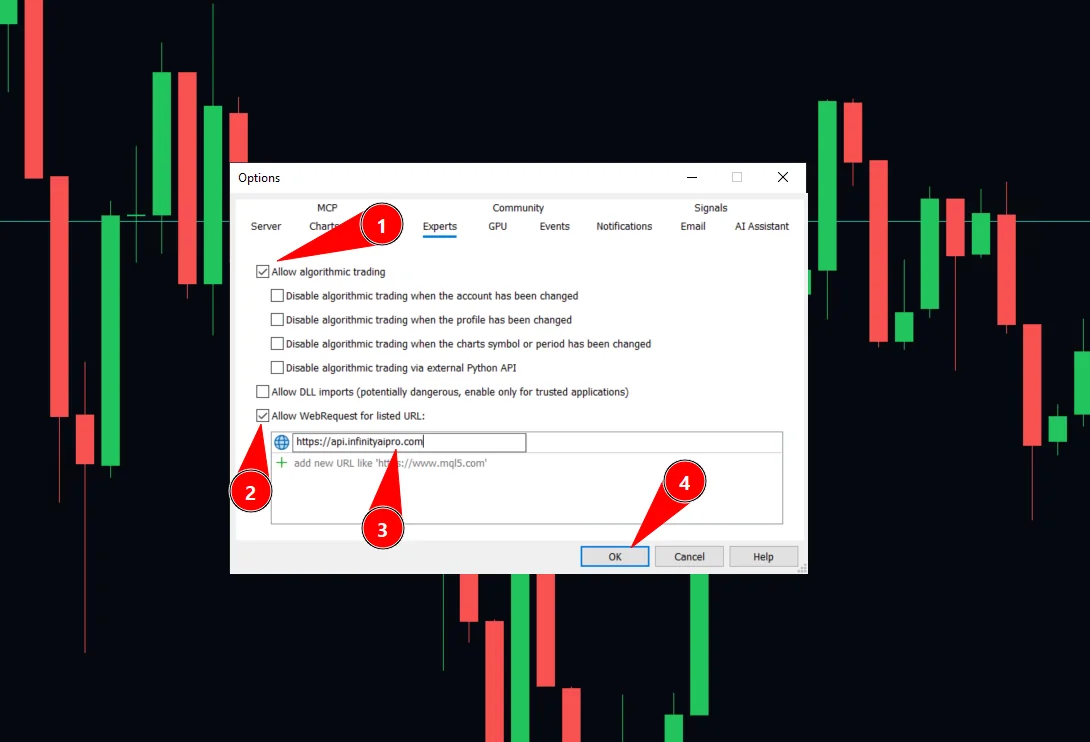 The Options Experts tab with algorithmic trading allowed and the API URL added to the WebRequest list