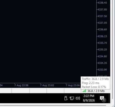 MetaTrader status bar on the VPS showing a ping of 2.23 ms