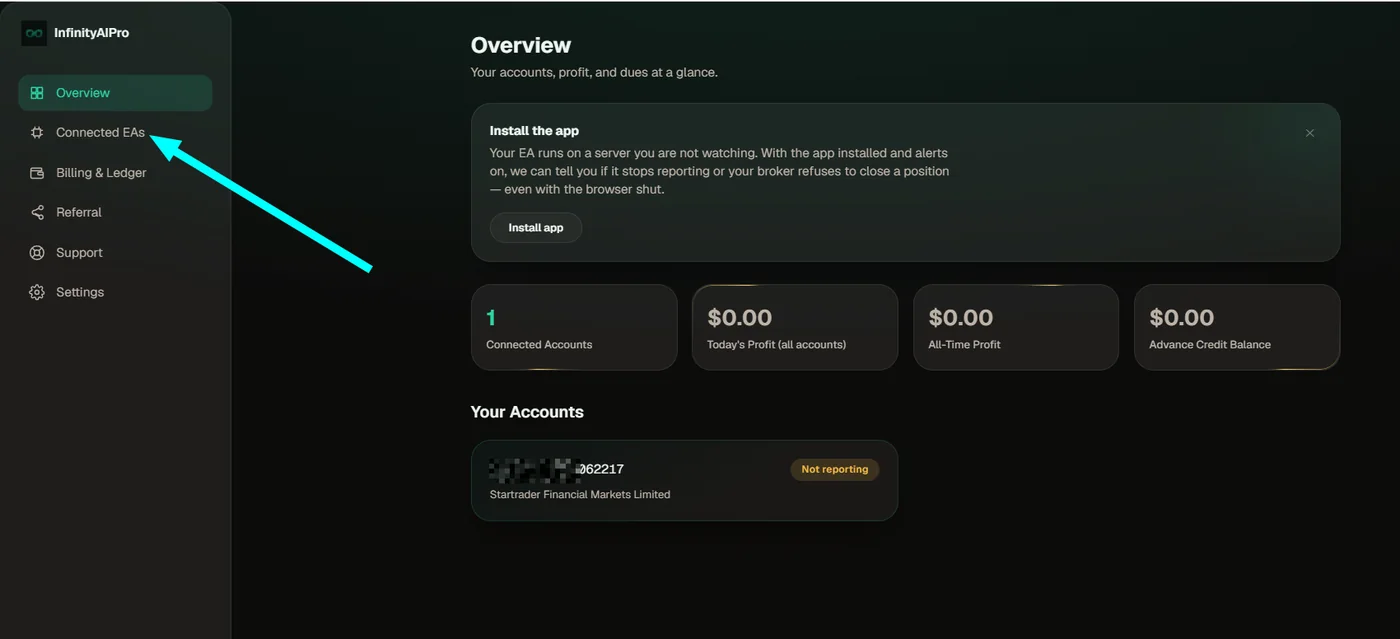 The InfinityAIPro dashboard overview with Connected EAs in the sidebar