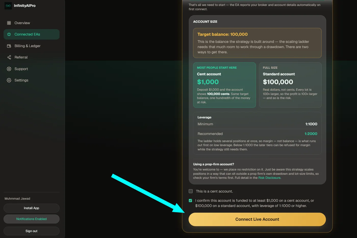 The account size and leverage panel with the Connect Live Account button